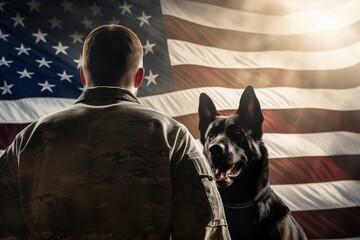 Back of american military man with service german shepherd