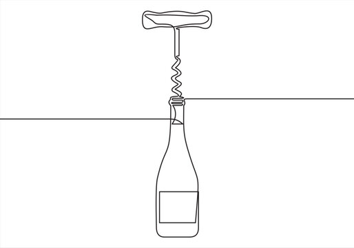 Bottle of wine with corkscrew in continuous line art drawing style. Minimalist black linear sketch isolated on white background. Vector illustration