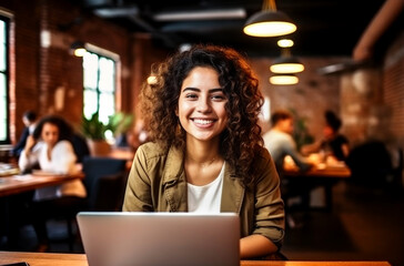 Fototapeta premium Smiling Latina brunette architect making a work call with a laptop from a coffee shop. AI Generated