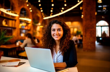 Fototapeta premium Smiling Latina brunette architect making a work call with a laptop from a coffee shop. AI Generated