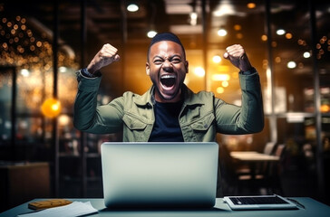 Portrait of a smiling black businessman with laptop at cafe. AI Generated