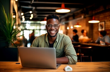 Portrait of a smiling black businessman with laptop at cafe. AI Generated