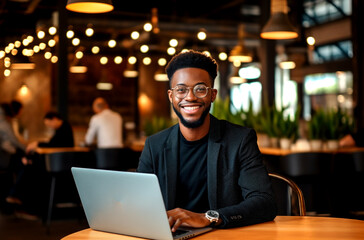 Fototapeta premium Portrait of a smiling black businessman with laptop at cafe. AI Generated