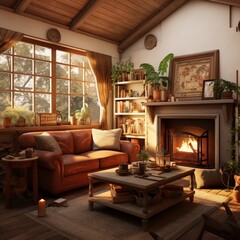 a cozy living room with warm earthy tones and a fireplace