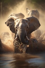 Joyful Elephants Splashing Water - AI Generated