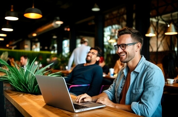 Obraz na płótnie Canvas Portrait of cheerful male it professional working remotely with modern laptop device sitting at table and smiling at camera during break. AI Generated