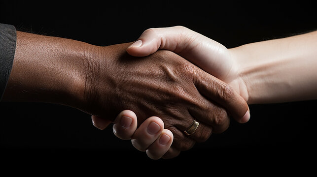 White and black hands shake in black color background 