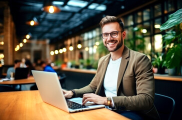 Portrait of cheerful male it professional working remotely with modern laptop device sitting at table and smiling at camera during break. AI Generated