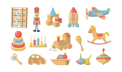Vintage wooden toys for children vector illustrations set. Collection of cartoon drawings of nostalgic kindergarten toys for kids, playtime activity. Entertainment or leisure, childhood concept