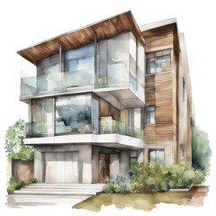 Modern House - Futuristic Apartment Architecture - Watercolor Painting Drawing - Generative AI