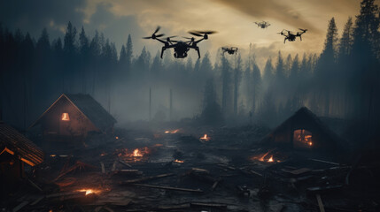A drone swarm assisting in disaster response by assessing damage and locating survivors - obrazy, fototapety, plakaty