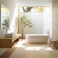 Fototapeta na wymiar a minimalist bathroom with clean lines neutral colors and a Japanese soaking tub