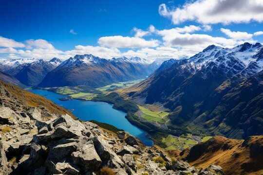 Panoramic view of the breathtaking landscapes in the majestic Remarkables National Park, New Zealand. Generative AI