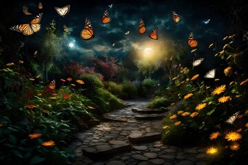 Magic garden at night with flying butterflies - obrazy, fototapety, plakaty