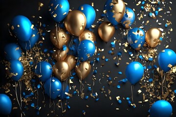 Blue and golden balloons with confetti on black background. of blue and golden balloons with confetti on Black 