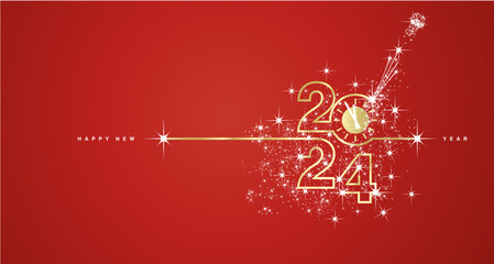 New Year 2024 event countdown line design firework champagne gold white red background vector