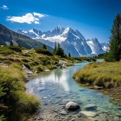 Fototapeta na wymiar a picturesque summer day at Lac Blanc with Mont Blanc's snow-capped peaks glistening in the sunlight