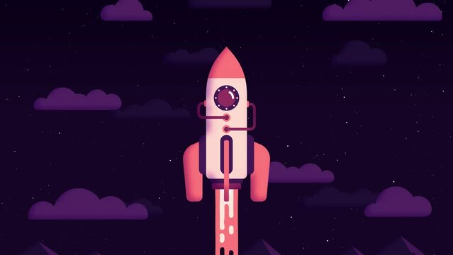 Rocket ship launches from the earth into space against the backdrop of a mountain landscape - cartoon 2D animation in a modern style.