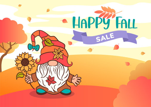 Vector fall horizontal banner with copy space. Cute gnome holding sunflower. Autumn flyer design yellow orange background. Happy fall sale text. Cute fall design with cartoon gnome character.