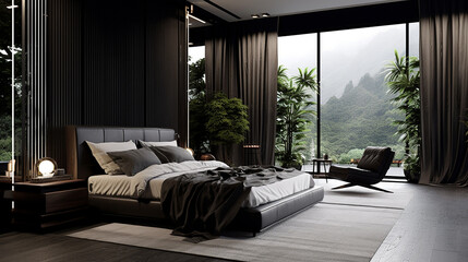 Czarna elegancka nowoczesna sypialnia z dużymi oknami