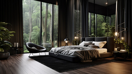 Czarna elegancka nowoczesna sypialnia z dużymi oknami - obrazy, fototapety, plakaty