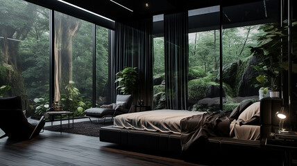 Czarna elegancka nowoczesna sypialnia z dużymi oknami - obrazy, fototapety, plakaty