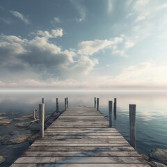 a serene coastal image with a wooden dock stretching out into calm waters