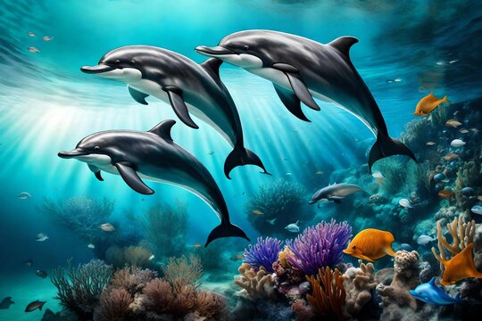 Dolphins and a reef undersea environment. electronic collage images