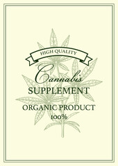 Cannabis vertical design for packaging, social media posts, store decoration, branding, certificates. Marijuana vector illustration in sketch style. Hemp engraved background