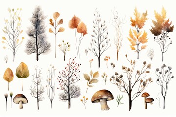 Artistic forest and woodland scenes featuring watercolor floral elements, mushrooms, Christmas trees, stumps, and birch trees. Perfect for wall decor and nursery fall themes. Generative AI - obrazy, fototapety, plakaty