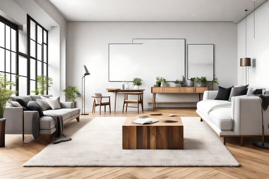 Home interior design style with large window,  and coffee table. Wall mockup in livingroom background.