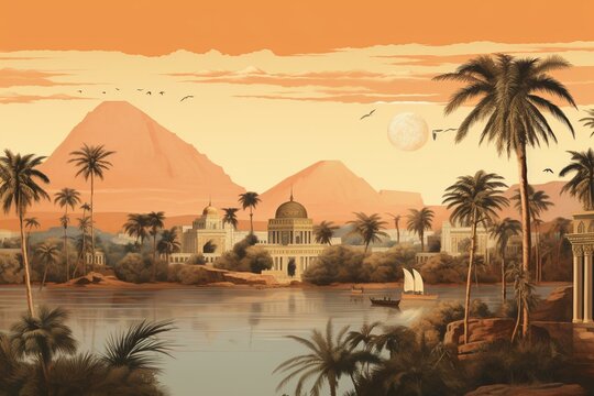 Wallpaper with Egypt-inspired palm trees, temples, and Nile river scenery. Generative AI