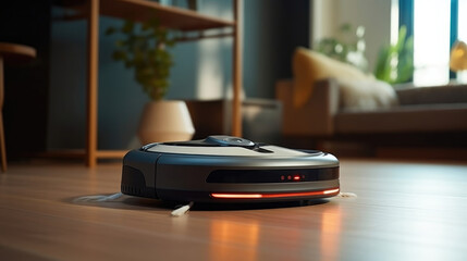A robotic vacuum cleaner autonomously navigating and cleaning a home
