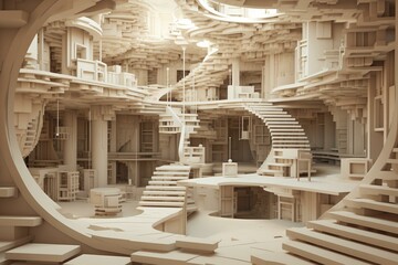 Surreal building interior with neutral tones. 3D artwork. Generative AI