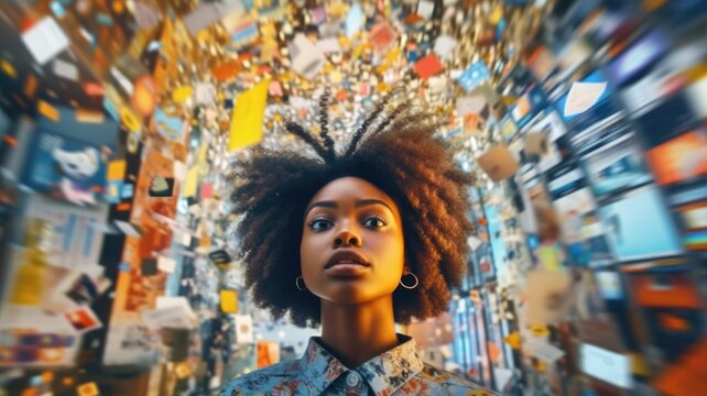 Overwhelming information data explode out of head of young human brain, too much media, too much information, maximalism, news, social media addiction. Generative AI image weber.