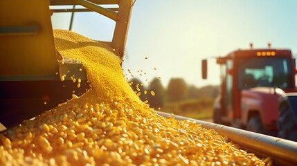 Harvester Unloading Fresh Corn Maize Seeds into Trailer. Generative ai - obrazy, fototapety, plakaty