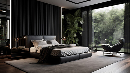 Czarna elegancka nowoczesna minimalistyczna sypialnia z dużymi oknami - obrazy, fototapety, plakaty