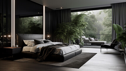 Czarna elegancka nowoczesna minimalistyczna sypialnia z dużymi oknami