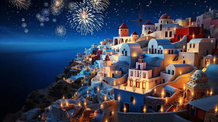 Abstract background Santorini in New year and firework theme on winter in paper art and craft design concept. Created using generative AI. - obrazy, fototapety, plakaty