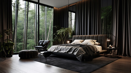 Czarna elegancka nowoczesna minimalistyczna sypialnia z dużymi oknami