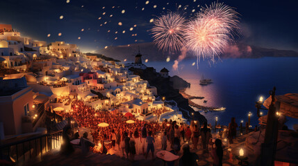New year winter wallpaper in paper art and craft design concept with Santorini background and firework. Created using generative AI.