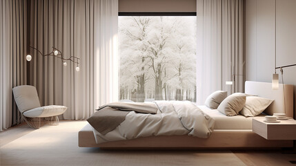 Jasna przytulna luksusowa sypialna w stylu nowoczesnym z zasłonami i firanami