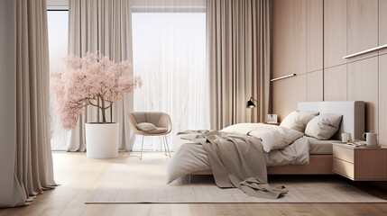 Jasna przytulna luksusowa sypialna w stylu nowoczesnym z zasłonami i firanami - obrazy, fototapety, plakaty
