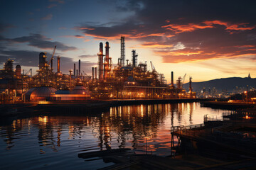 Fototapeta premium An oil refinery plant operates in the desert during evening twilight, symbolizing energy production in the petroleum gas industry. Generative AI.