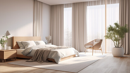 Jasna przytulna luksusowa sypialna w stylu nowoczesnym z zasłonami i firanami