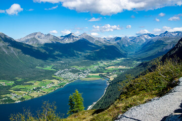 Åndalsnes, view on Romsdal mountains and the fjord from Nesaksla mountain, upper station of the Romsdalen Gondola. 