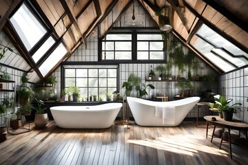Bright and Elegant attic glass bathroom with bathtub and subway tile and a variety of green plants of deep forest style
