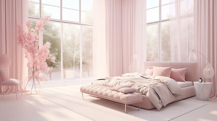 Jasne  wnętrze pokoju sypialnie z łóżkiem i różowymi firanami i  - obrazy, fototapety, plakaty