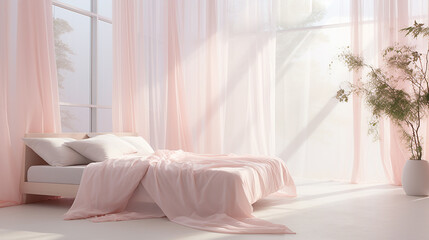 Jasne  wnętrze pokoju sypialnie z łóżkiem i różowymi firanami i 