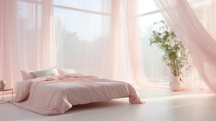 Jasne wnętrze pokoju sypialnia z łóżkiem i różowymi firanami  - obrazy, fototapety, plakaty
